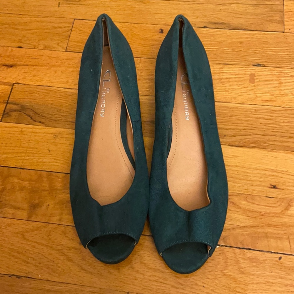 Teal suede kitten heals
